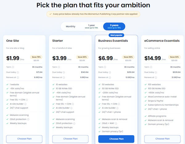 pick a hosting plan from Bluehost